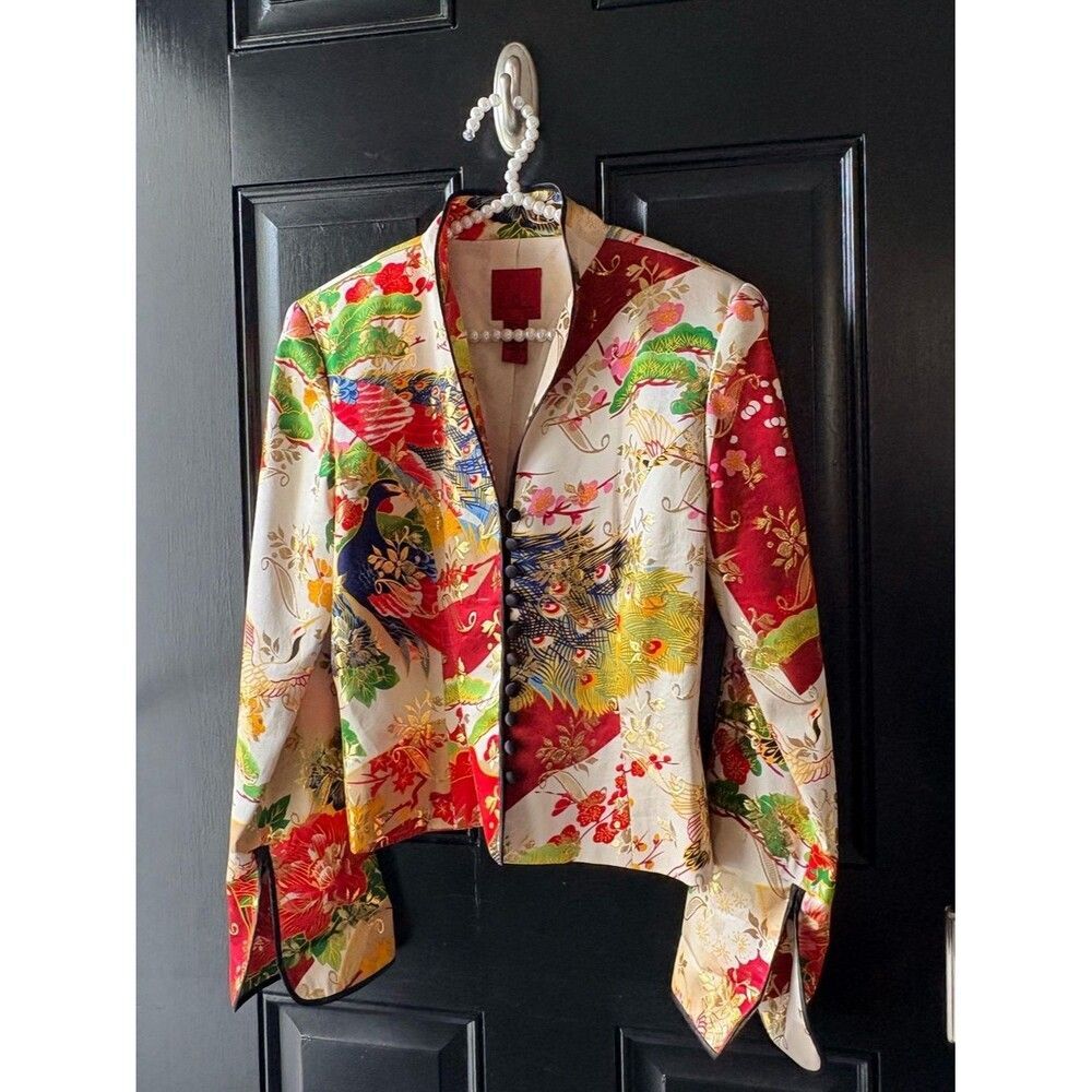 JS Collections Vibrant Colorful Silk Metallic Gold Thread Jacket Size 8